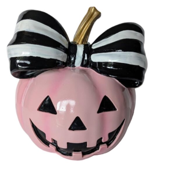Adorable Pink Halloween Pumpkin Girl with a White and Black Bow - Picture 1 of 7